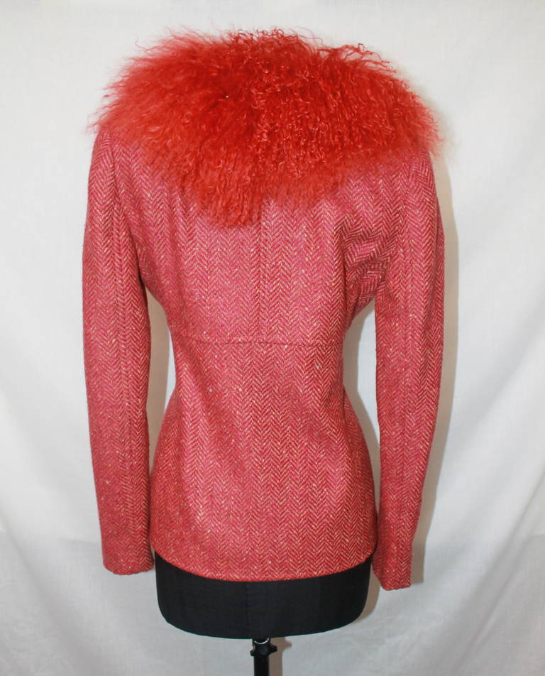 Red Valentino 1990's Vintage Orange Tweed with Fur Collar Jacket - M
