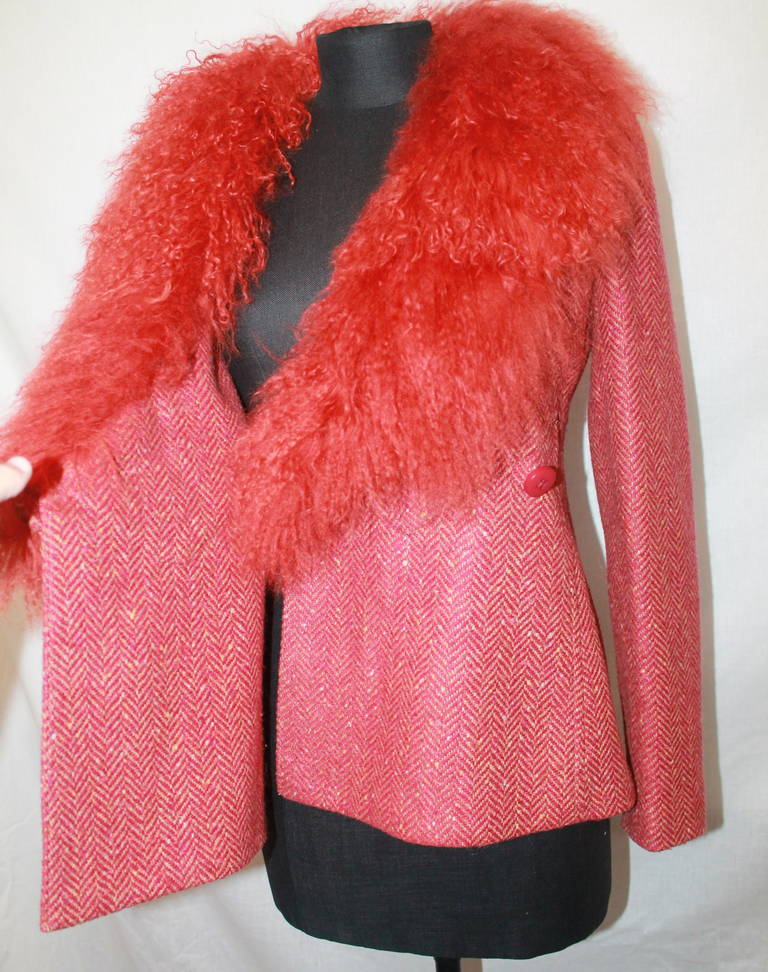 Women's Valentino 1990's Vintage Orange Tweed with Fur Collar Jacket - M