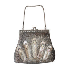 Art Deco Antique Silver Peacock Feather Beaded Handbag