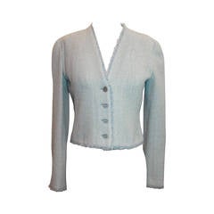 Chanel 2000 Baby Blue & White Tweed Crop Jacket with Fringe Trim - 38
