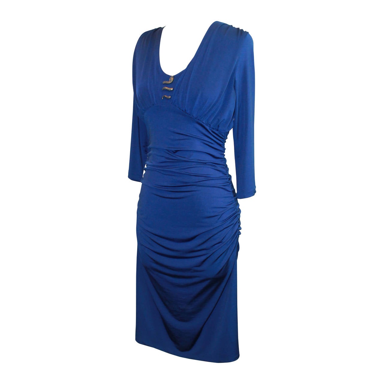 Roberto Cavalli Royal Blue Jersey Ruching 3/4 Sleeve Dress - S - NWT