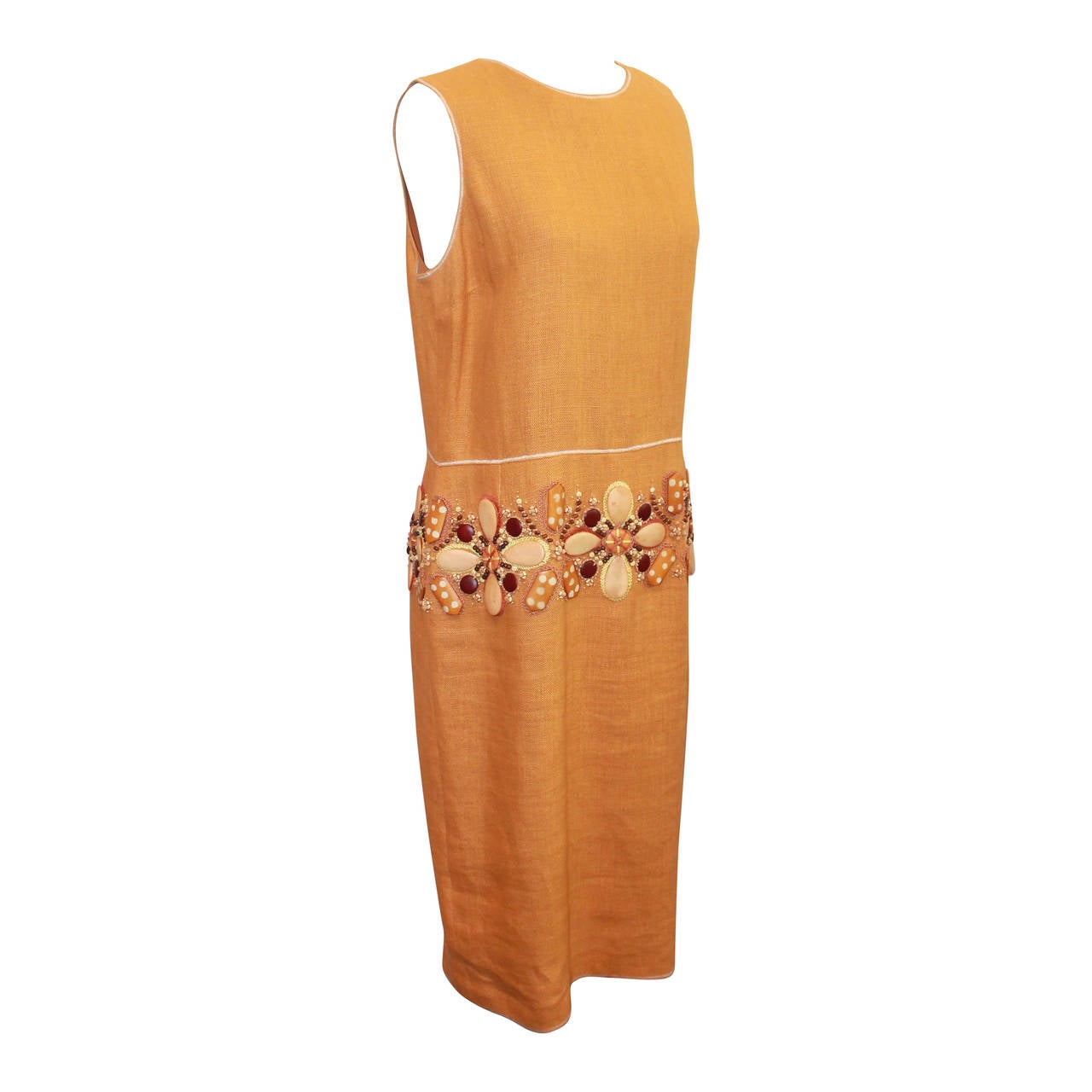 Oscar de la Renta Mustard Linen Heavy Floral Beaded Dress - 12