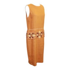 Oscar de la Renta Mustard Linen Heavy Floral Beaded Dress - 12