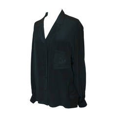 Chanel 1980's Vintage Black Silk Chiffon Long Sleeve Blouse - M
