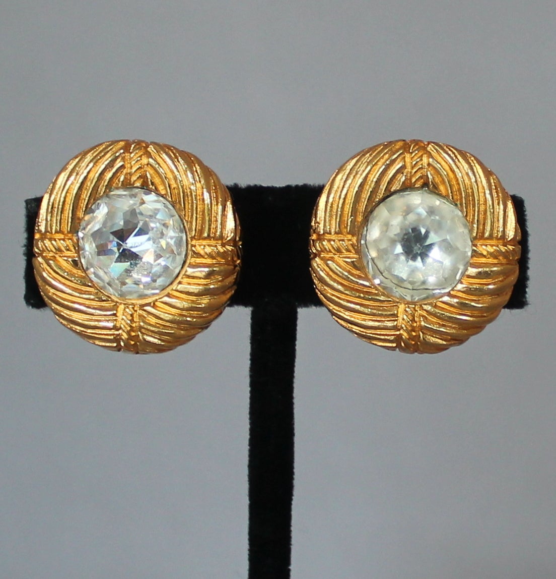 Chanel 1970's Vinatge Rhinestone & Goldtone Swirl Clip-On Earrings 1