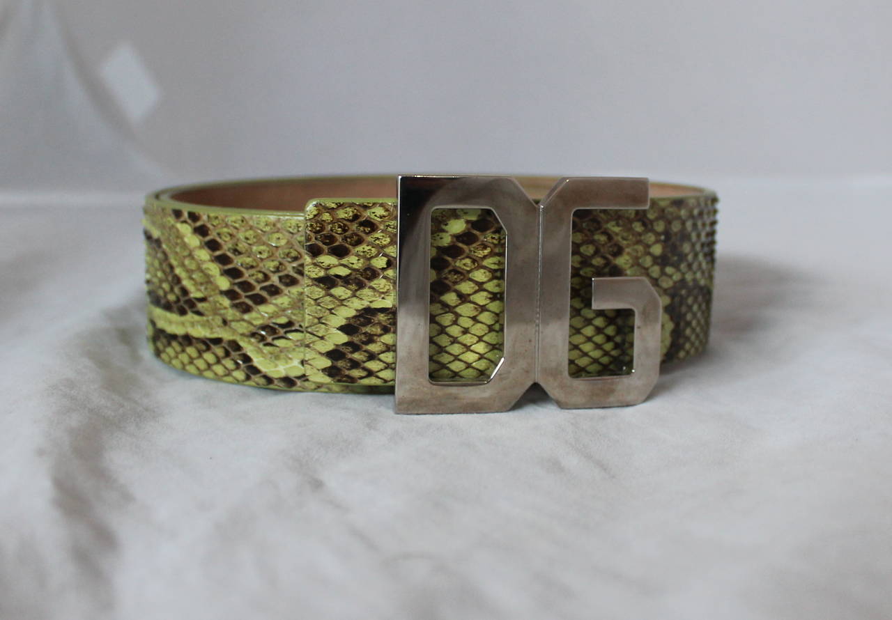 Dolce & Gabbana Green Snake Belt with "DG" Logo Buckle -32. This belt is in fair condition with the only issues being that the inside has markings (image 5 & 6) and part of the belt's snake is slightly raised (image 3). You cannot