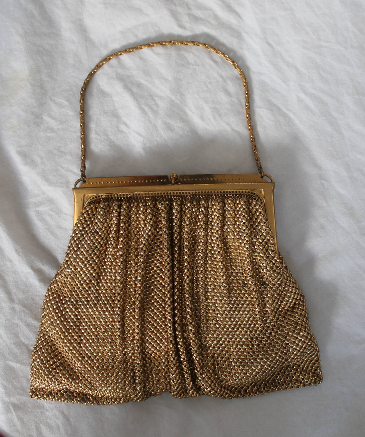 Brown 1940's Vintage Whiting & Davis Gold Mesh Bag with Rhinestone Detail