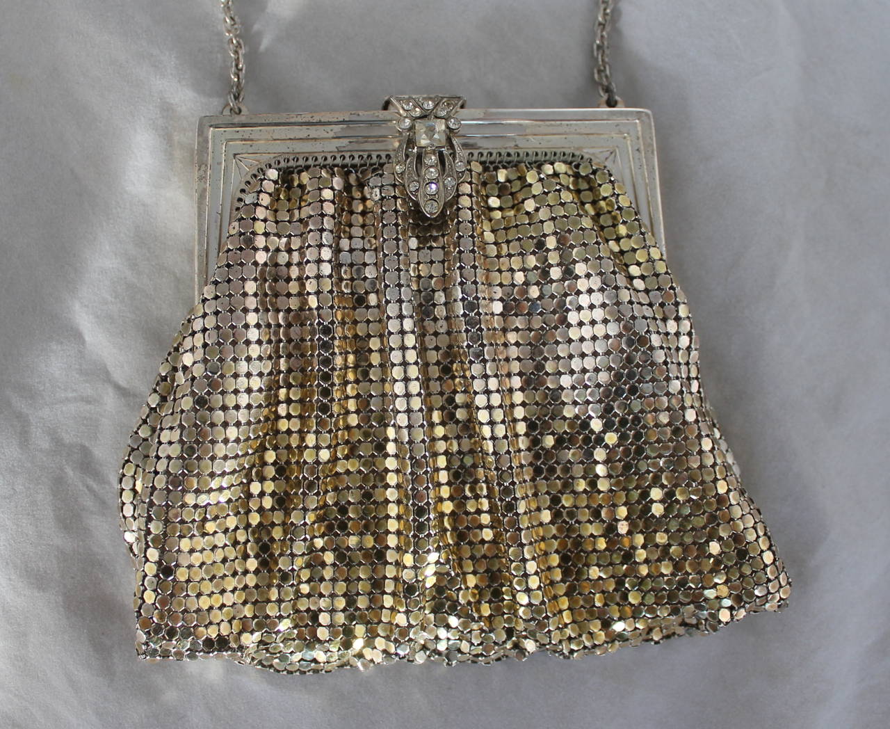 Art Deco Vintage Whiting & Davis Gold & Silver Mesh Bag with Rhinestones. This bag is in very good vintage condition with wear consistent with its age. The front mesh is a gold & silver mix and the back is silver. It has a rhinestone clasp and a