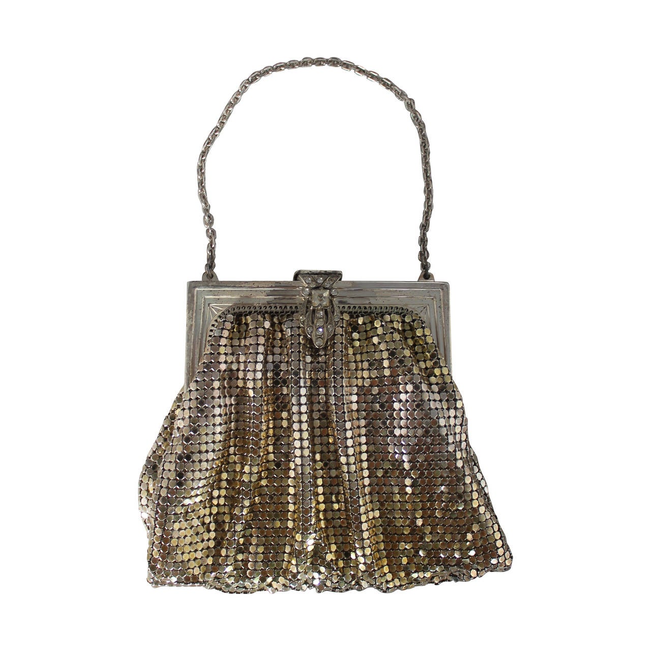 Art Deco Vintage Whiting & Davis Gold & Silver Mesh Bag with Rhinestones