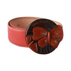 Used Salvatore Ferragamo Coral Belt with Butterfly Carved Wood Buckle - 85 cm