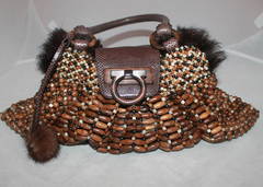 Salvatore Ferragamo Brown Beaded Handbag with Lizard Trim & Fur Lining