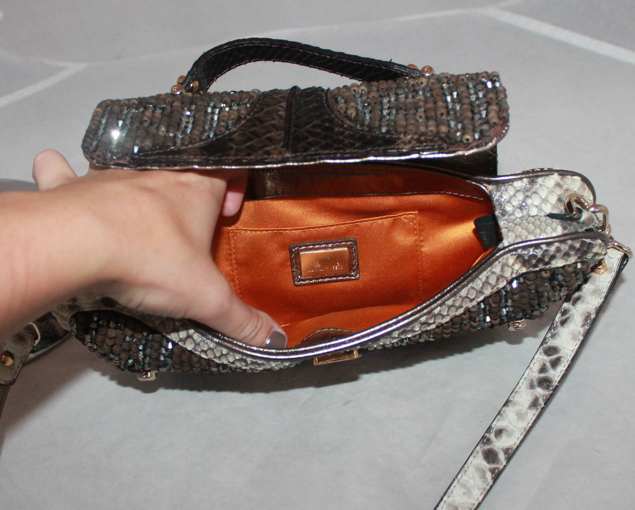 Black Fendi Brown Beaded Handbag with Snake & Mirror Detail