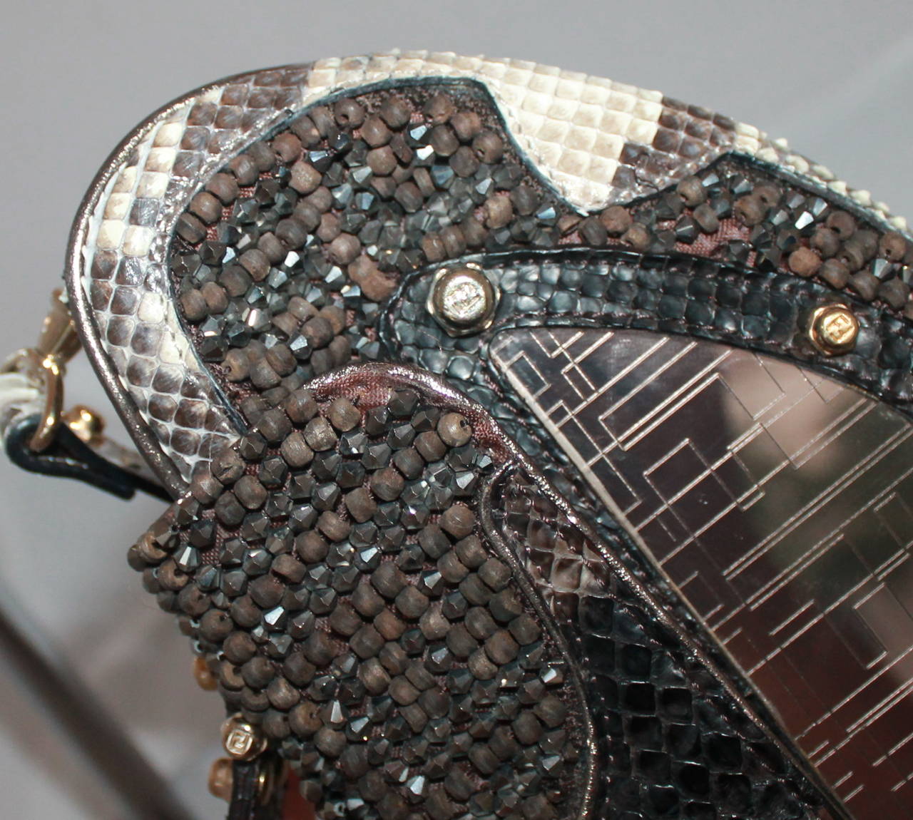 Women's Fendi Brown Beaded Handbag with Snake & Mirror Detail