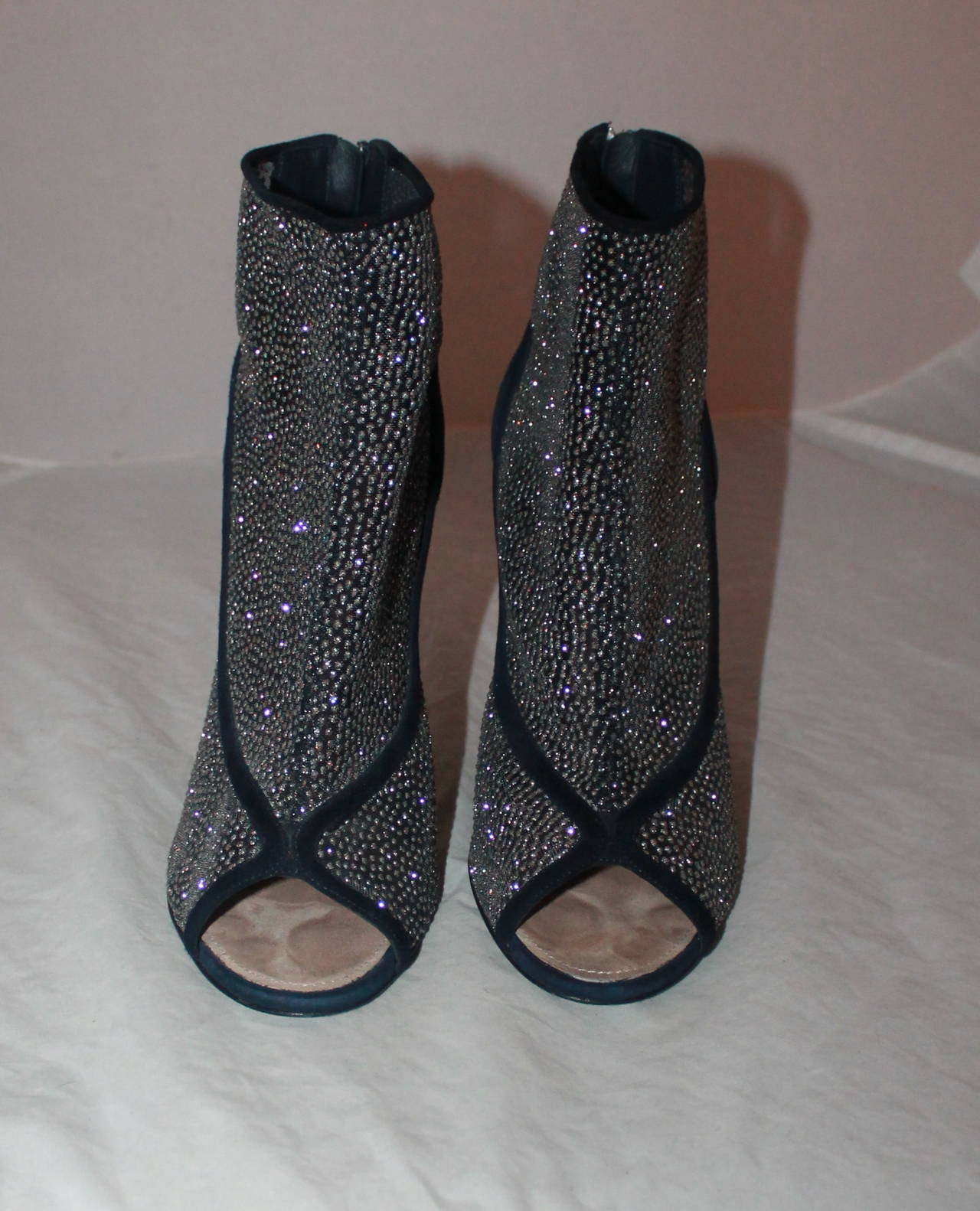 Women's Chanel Blue Suede Peep-toe Glitter Bootie with Lucite Heel - 40