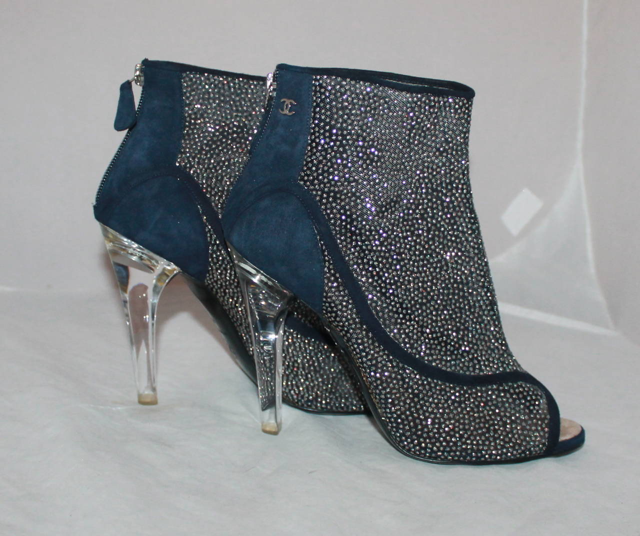 Chanel Blue Suede Peep-toe Glitter Bootie with Lucite Heel - 40 In Excellent Condition In West Palm Beach, FL
