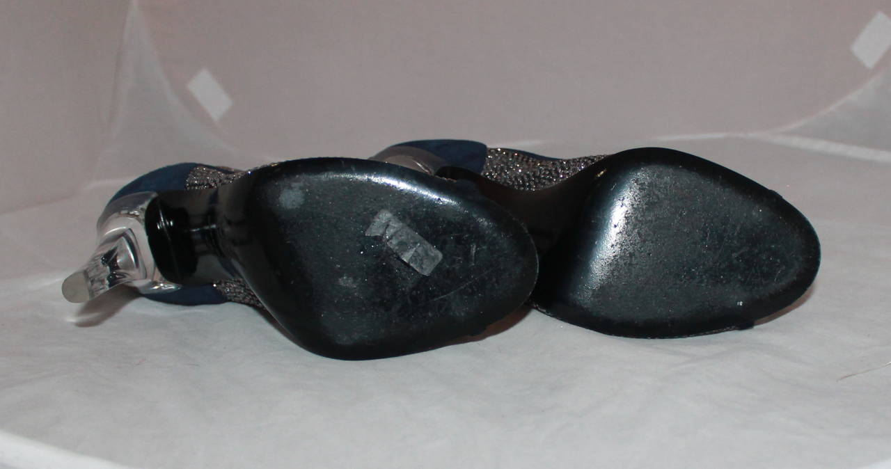 Chanel Blue Suede Peep-toe Glitter Bootie with Lucite Heel - 40 1
