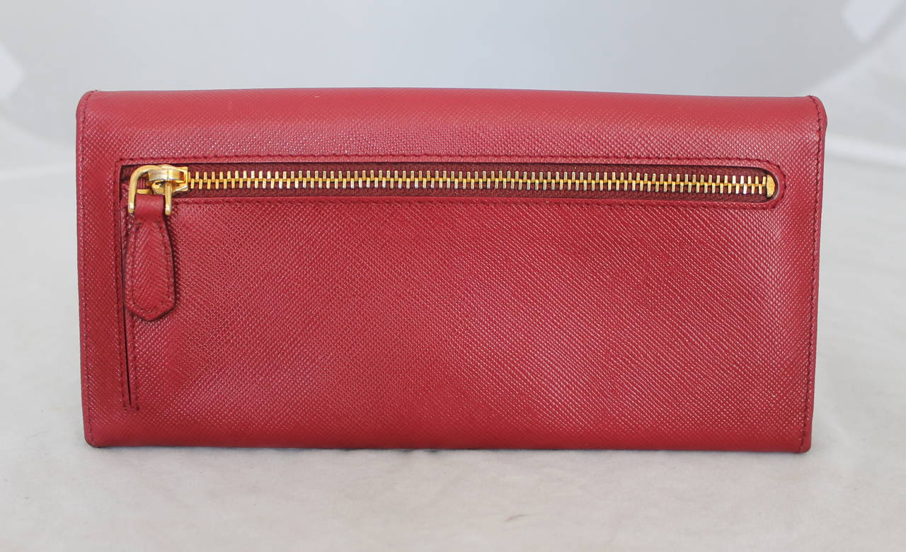 Brown Prada Red Saffiano Leather Jewelled Wallet Clutch - rt $1, 450