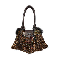 Salvatore Ferragamo Brown Beaded Handbag with Lizard Trim & Fur Lining