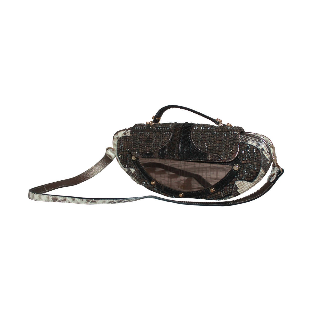 Fendi Brown Beaded Handbag with Snake & Mirror Detail