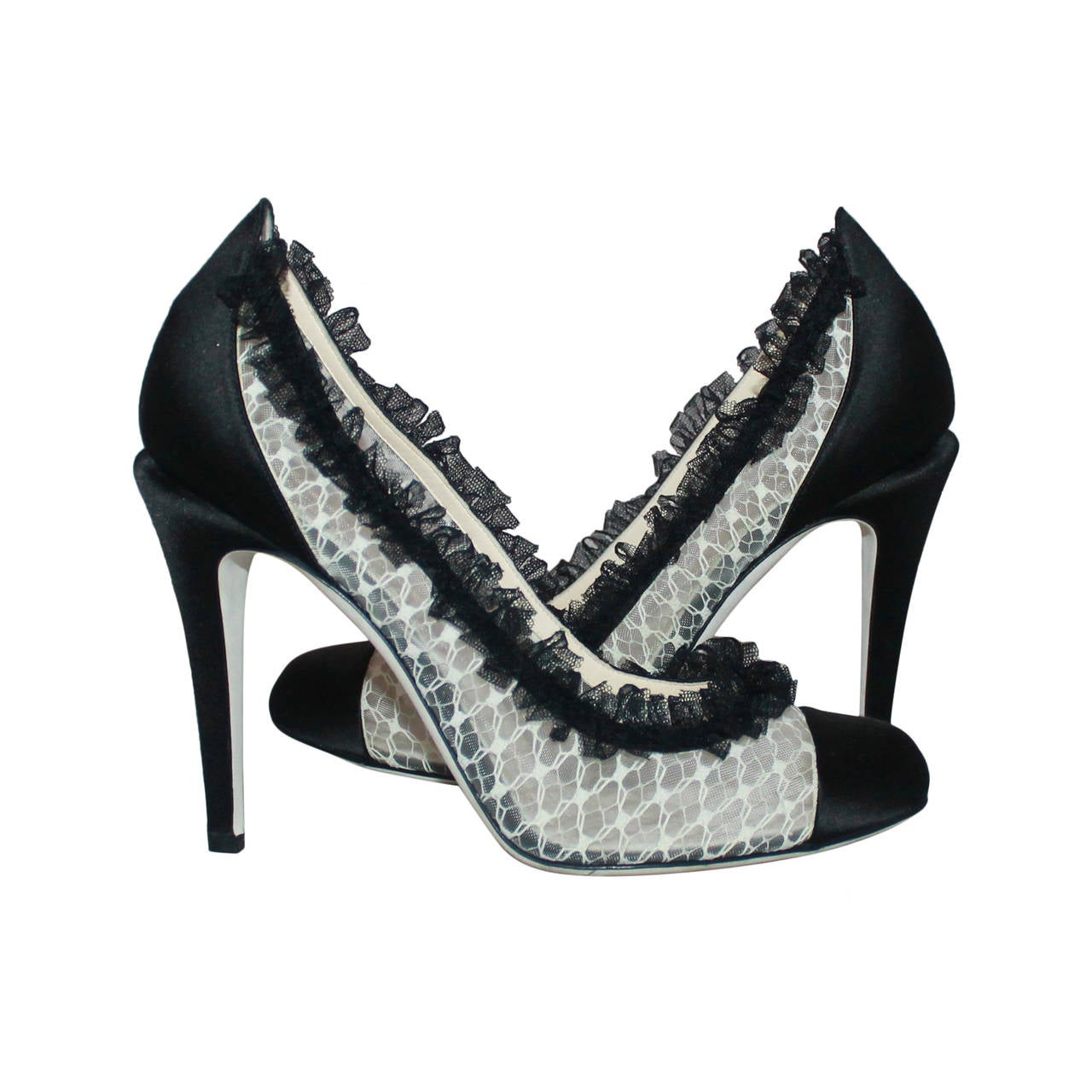Chanel Ivory & Black Lace Pumps with Ruffle Trim - 40