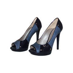 Versace Indigo Snake & Patent Peep-toe Pumps - 40 5