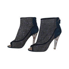 Chanel Blue Suede Peep-toe Glitter Bootie with Lucite Heel - 40