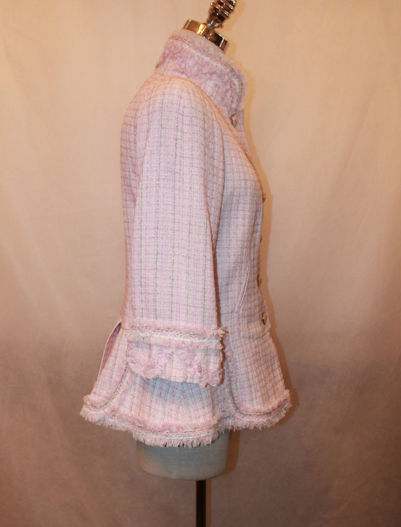 Chanel 2013 Light Pink & White Tweed Jacket with Fringe Detail - 44 - NWT In Excellent Condition In West Palm Beach, FL