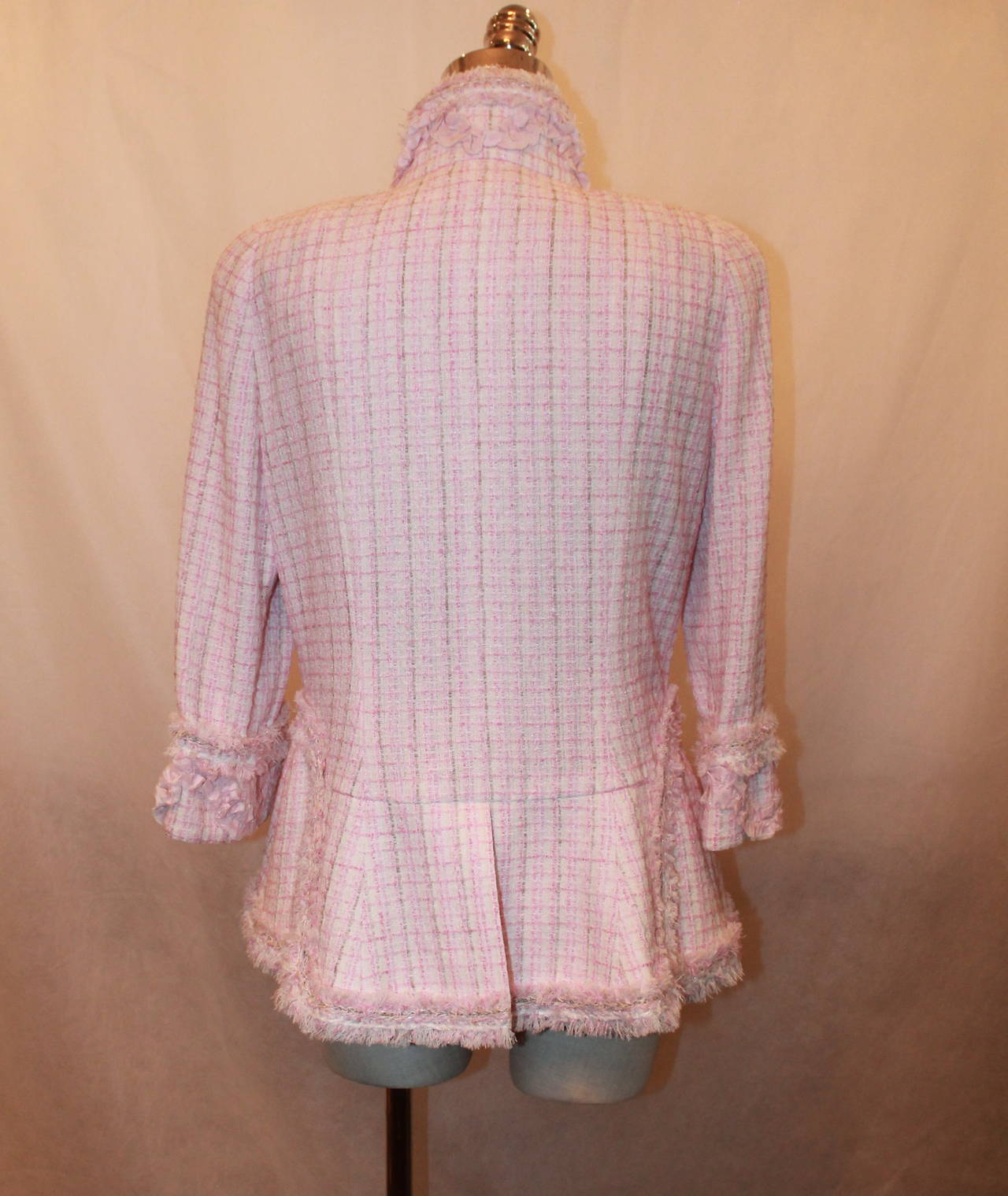 Women's Chanel 2013 Light Pink & White Tweed Jacket with Fringe Detail - 44 - NWT