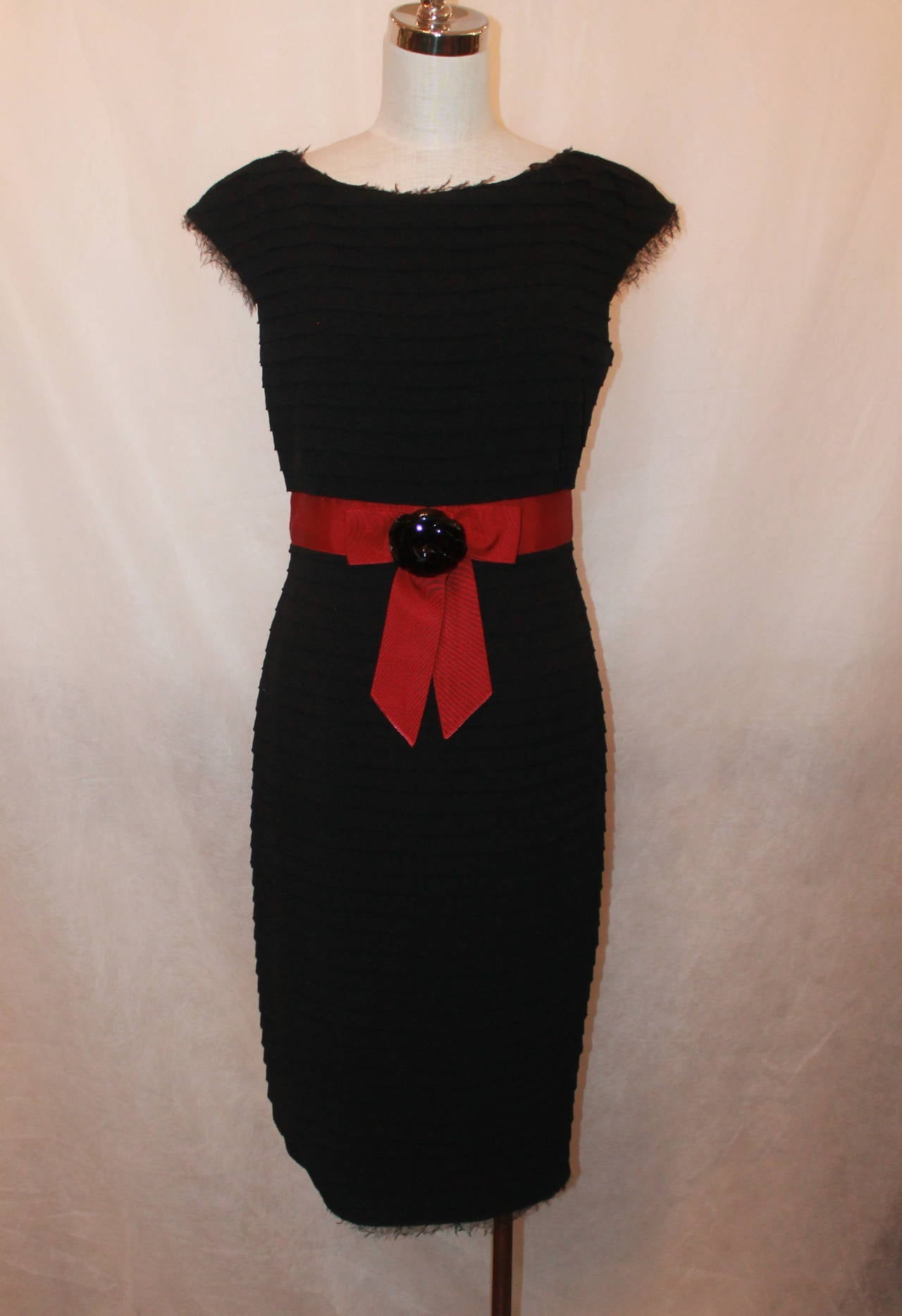 Chanel 2012 Black Wool Tiered Dress with Red Ribbon & Black Camellia - 40