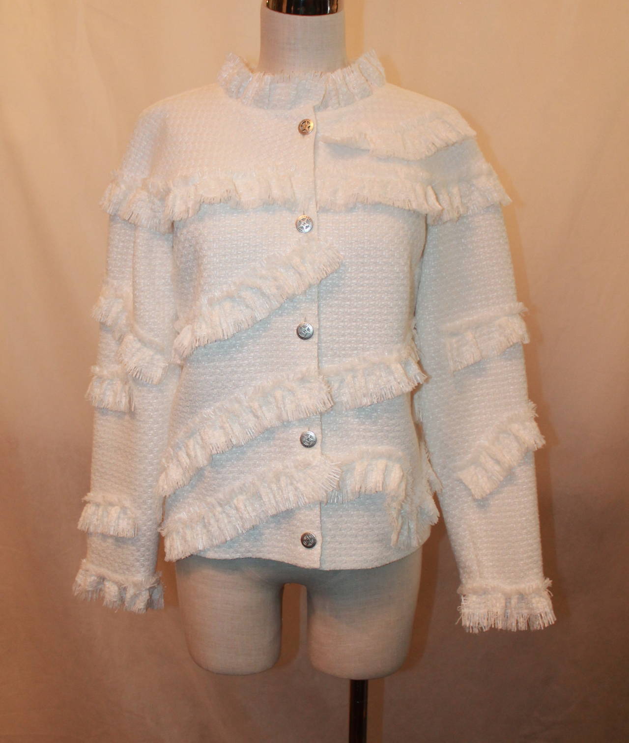 Chanel 2014 Ivory Cotton Tweed Light Jacket with Ruffles - 38 - NWT