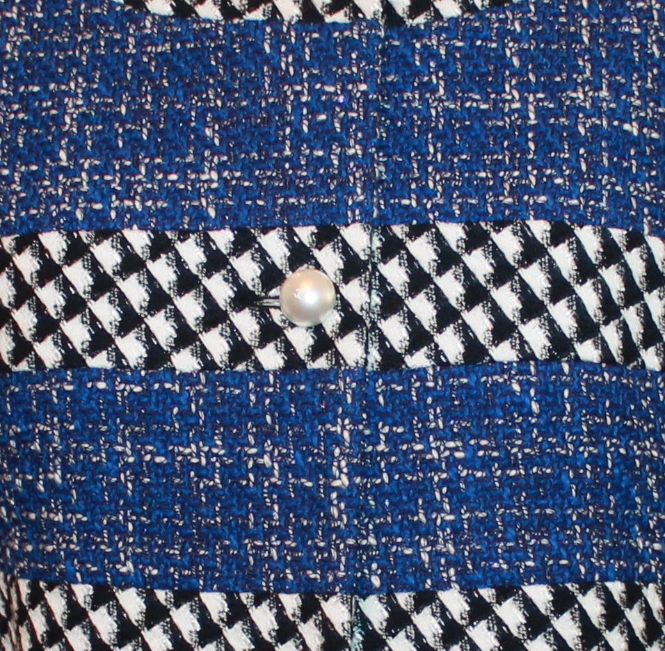Chanel Blue, Black & White Tweed Crop Bolero with Pearl Buttons - 40 In Excellent Condition In West Palm Beach, FL
