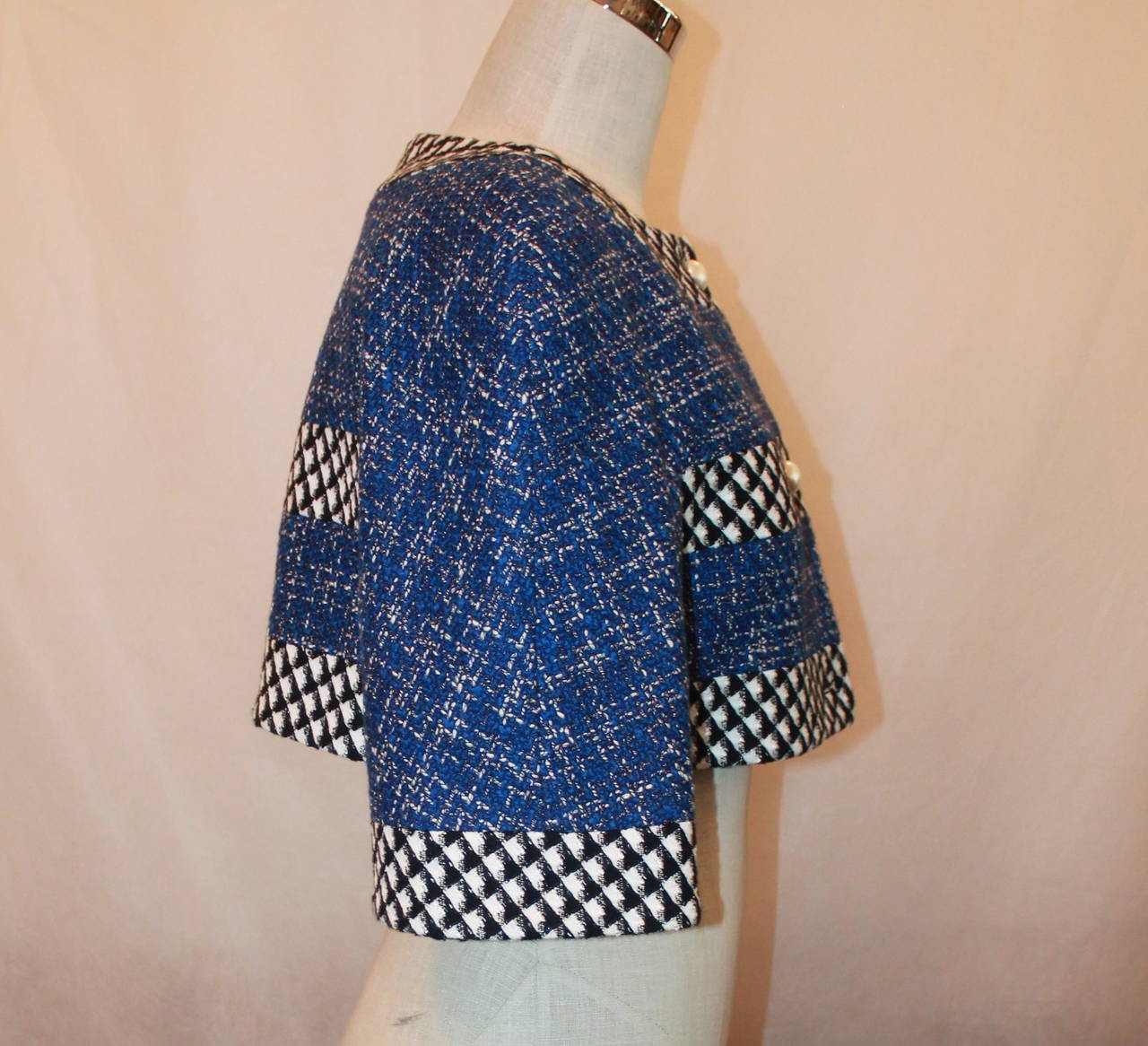 Women's Chanel Blue, Black & White Tweed Crop Bolero with Pearl Buttons - 40