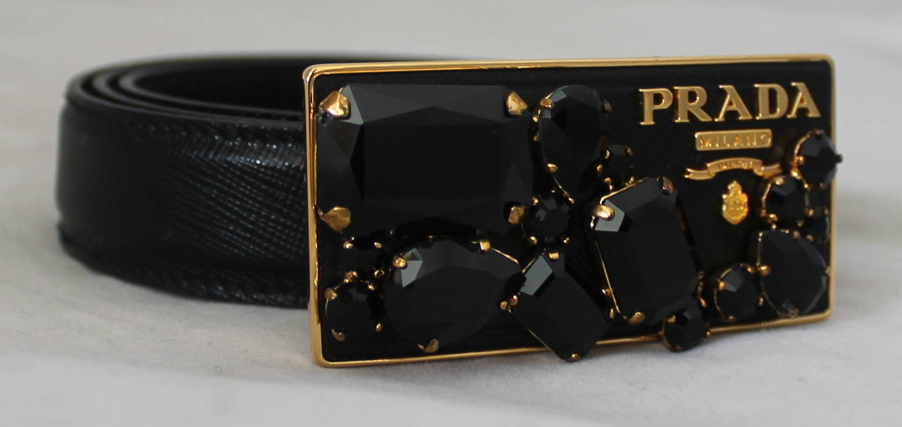 Prada Black Saffiano Leather Belt with Gold Rhinestone Buckle For ...  