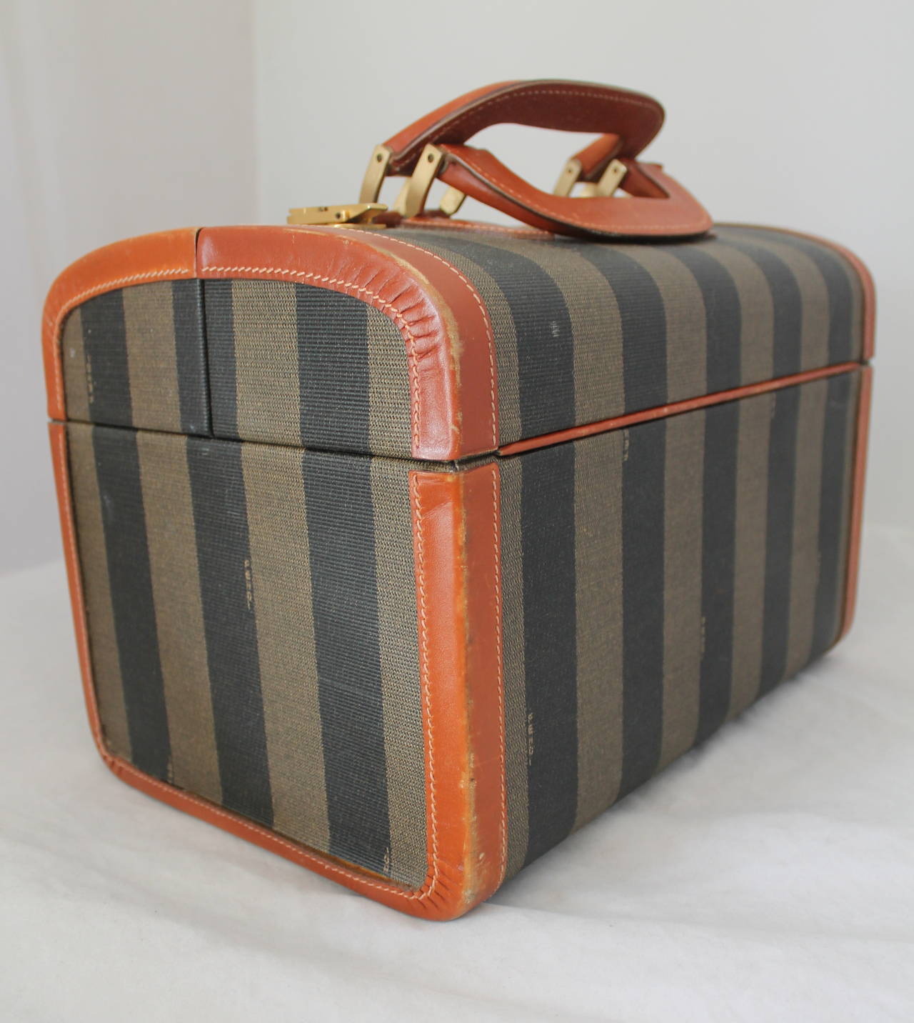 Fendi 1980's Vintage Olive & Black Striped Small Trunk with Brown Leather 1