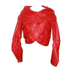 Emanuel Ungaro Red Leather Ruched Jacket with Rose - S