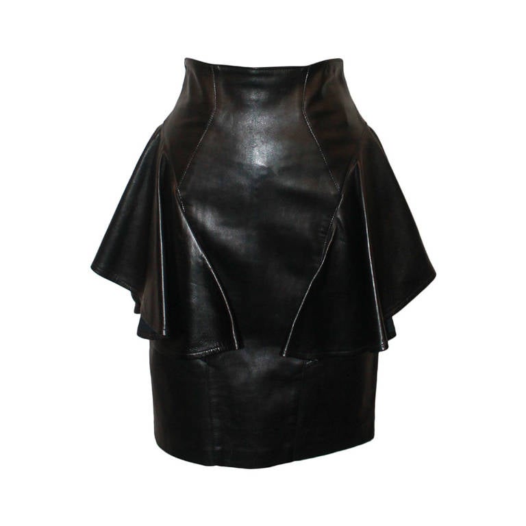 Jean Claude Jitrois Black Leather Flounce Skirt - 38