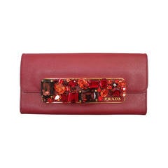 Prada Red Saffiano Leather Jewelled Wallet Clutch - rt $1, 450