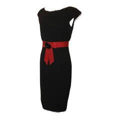 Chanel 2012 Black Wool Tiered Dress with Red Ribbon & Black Camellia - 40