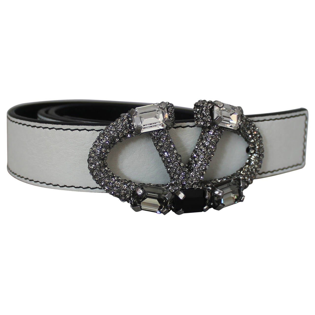 Valentino White Leather Belt with Grey, Black & Clear Rhinestone Logo Buckle