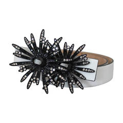 Valentino White Leather Belt with Black & Grey Rhinestone Flower Buckle 1