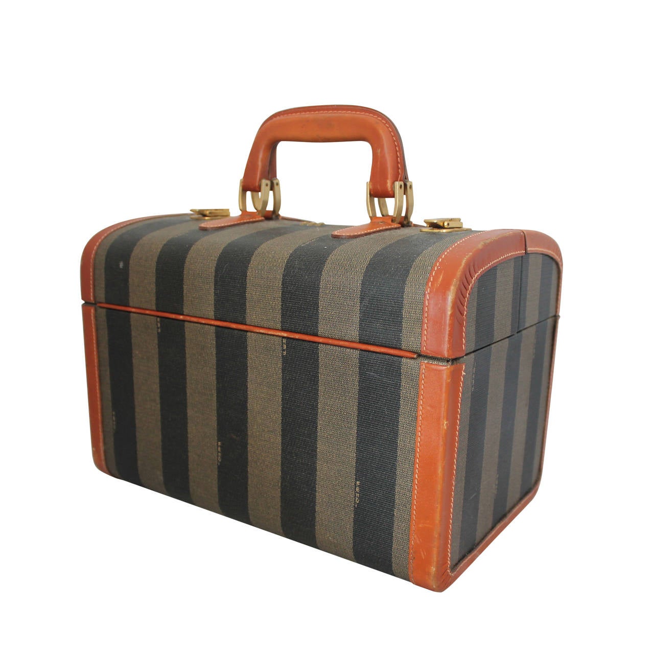 Fendi 1980's Vintage Olive & Black Striped Small Trunk with Brown Leather