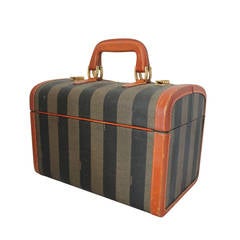 Fendi 1980's Retro Olive & Black Striped Small Trunk with Brown Leather