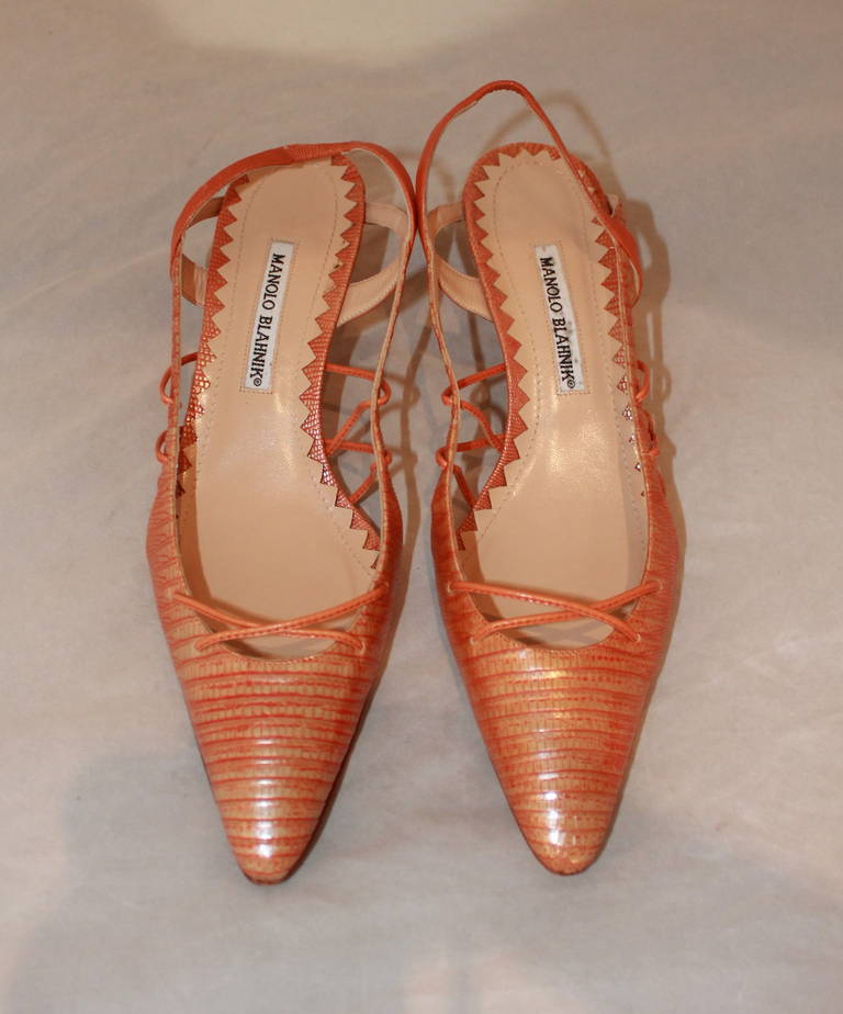 Manolo Blahnik Orange Lizard Print Heels - 40.5. These shoes are in excellent condition with very minor wear on the bottom.