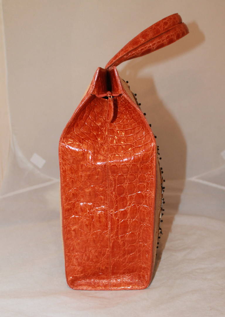 Brown Nancy Gonzalez Beaded Raffia & Orange Croc Handbag For Sale