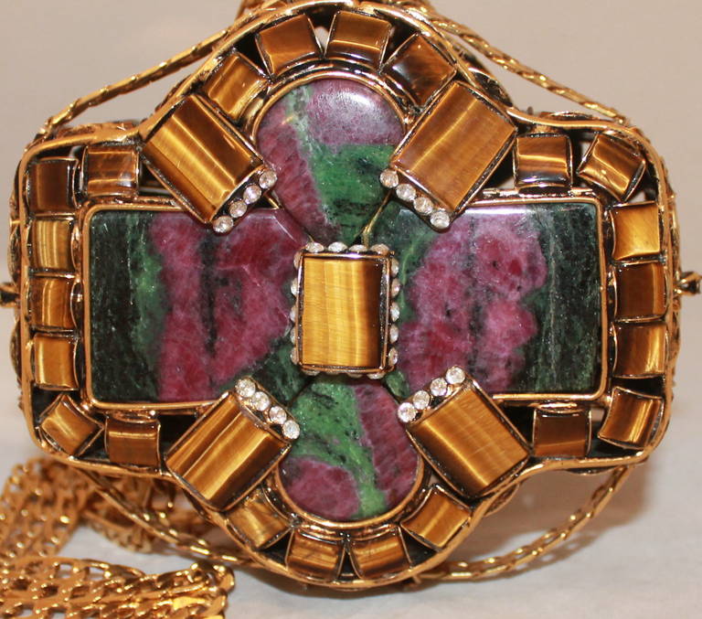 Iradj Moini Tiger's Eye & Malachite Gold Evening Bag- circa 1998. This bag is in impeccable condition and has rhinestones detailing all over. One rhinestone is missing on the part of the bag that faces downwards. 

Measurements:
Height-
