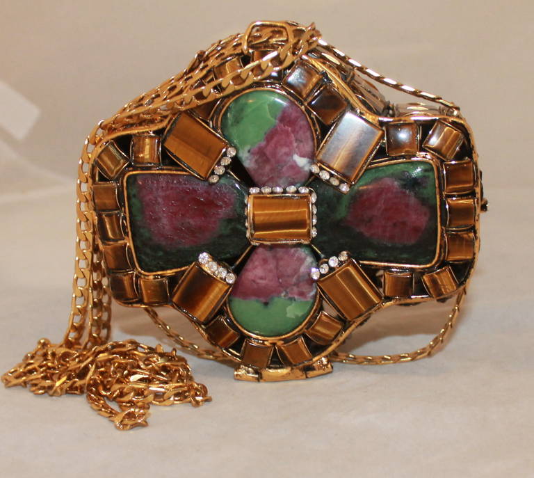 Brown Iradj Moini Tiger's Eye & Malachite Gold Evening Bag - circa 1998
