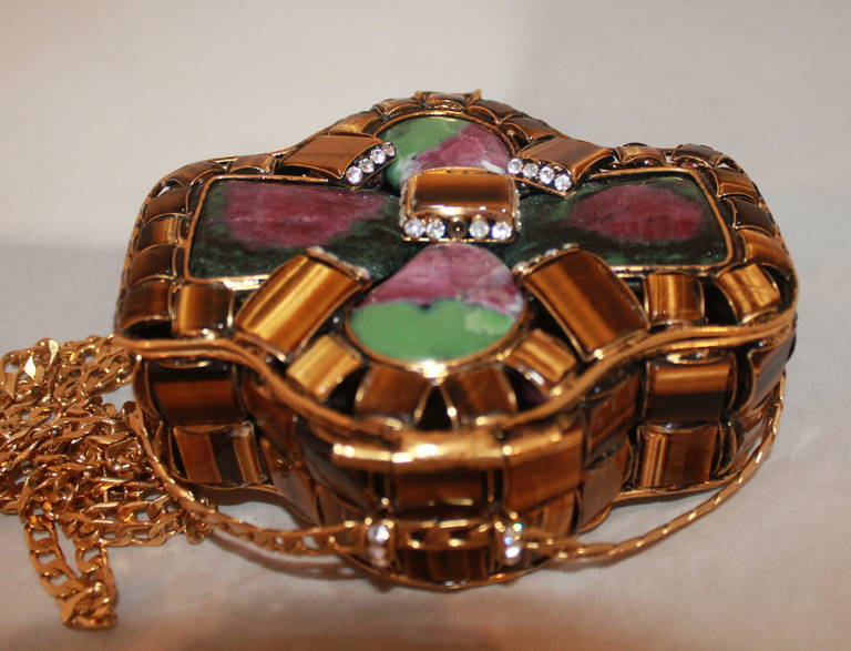 Iradj Moini Tiger's Eye & Malachite Gold Evening Bag - circa 1998 In Excellent Condition In West Palm Beach, FL