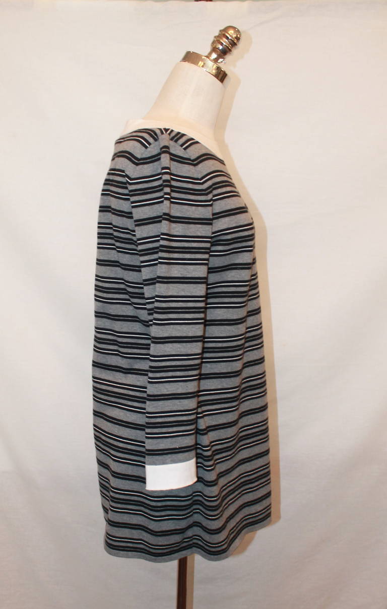 Chanel Black & Grey Striped Mini Dress - 40. This cotton dress is in excellent condition.

Measurements:
Bust- 37