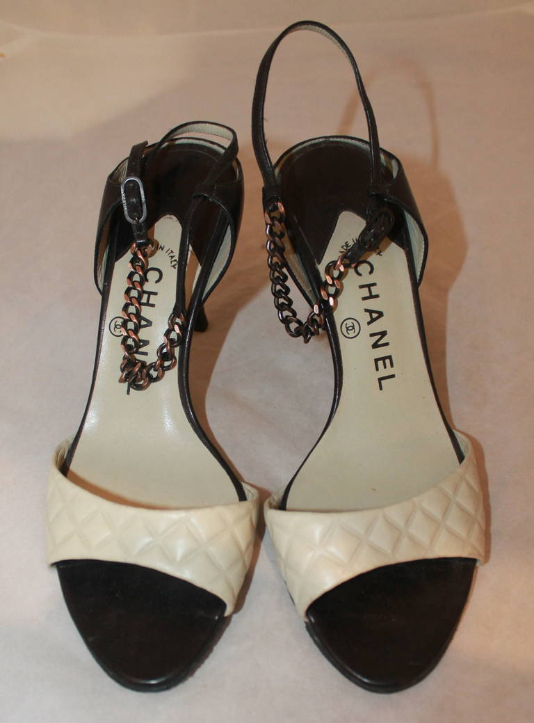 Chanel Black & Grey Chain Heels - 37. These strappy shoes are in excellent condition.