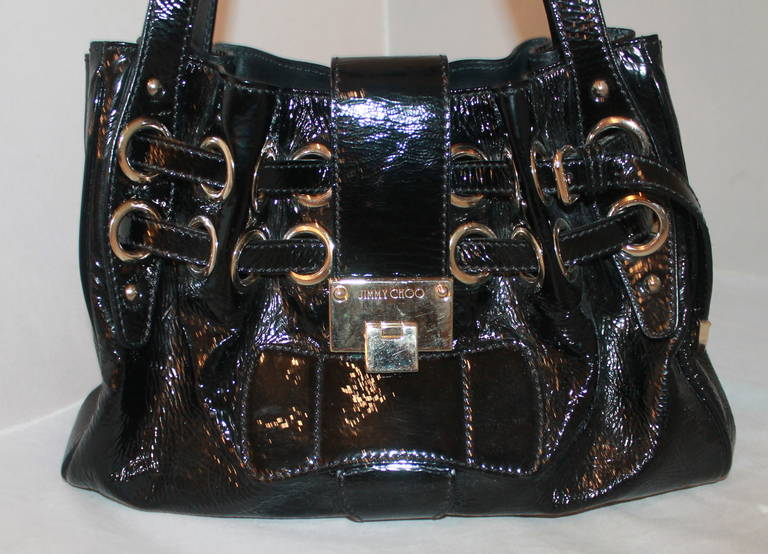 Jimmy Choo Black Patent Ramona Handbag. This bag is in excellent condition.

Measurements:
Height- 10